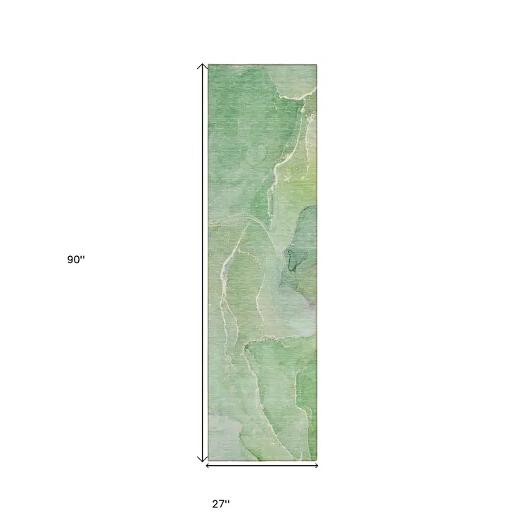 8' Runner Green Abstract Washable Non Skid Indoor Outdoor Runner Rug
