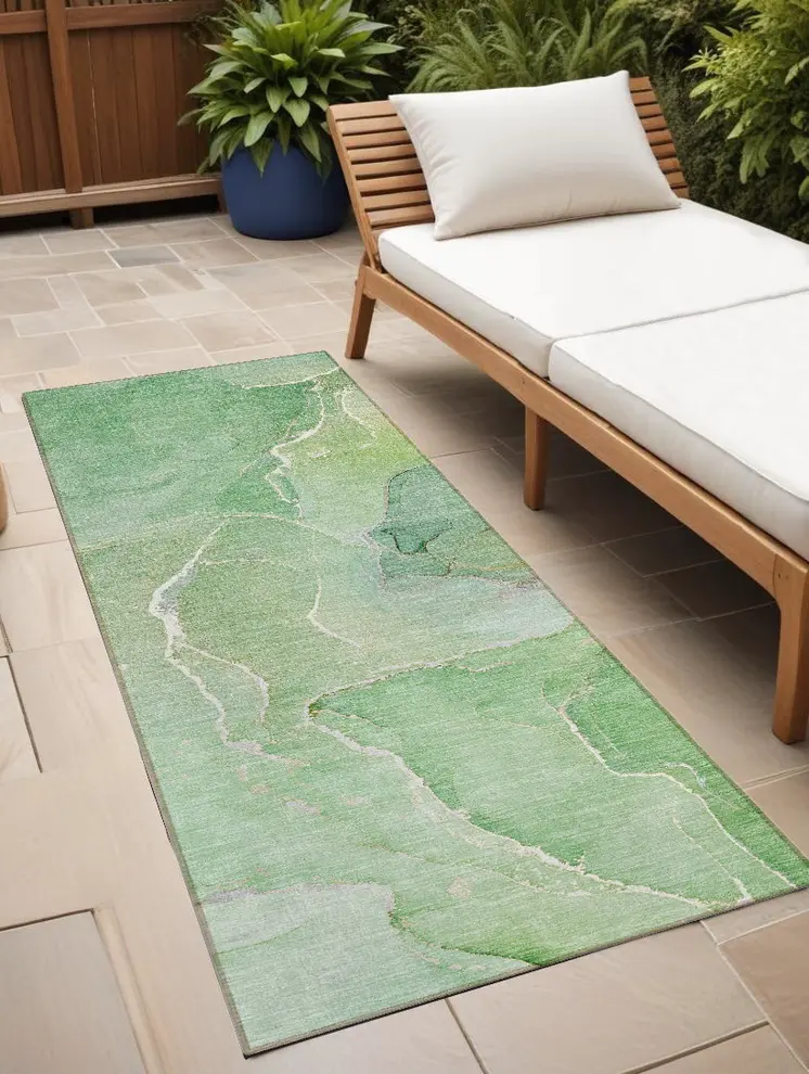 8' Runner Green Abstract Washable Non Skid Indoor Outdoor Runner Rug