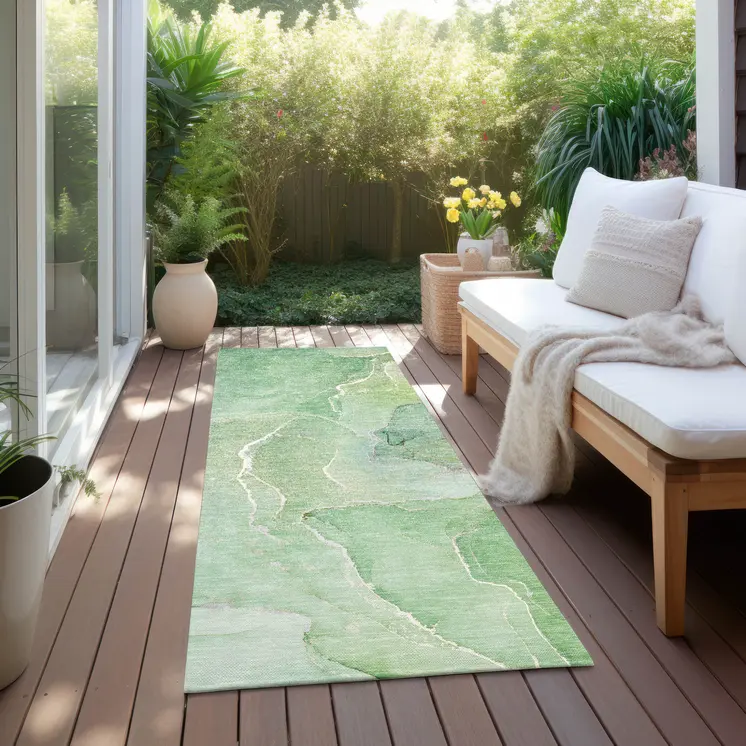 8' Runner Green Abstract Washable Non Skid Indoor Outdoor Runner Rug