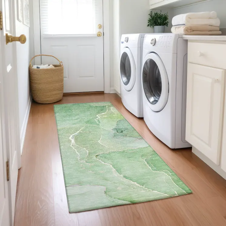 8' Runner Green Abstract Washable Non Skid Indoor Outdoor Runner Rug
