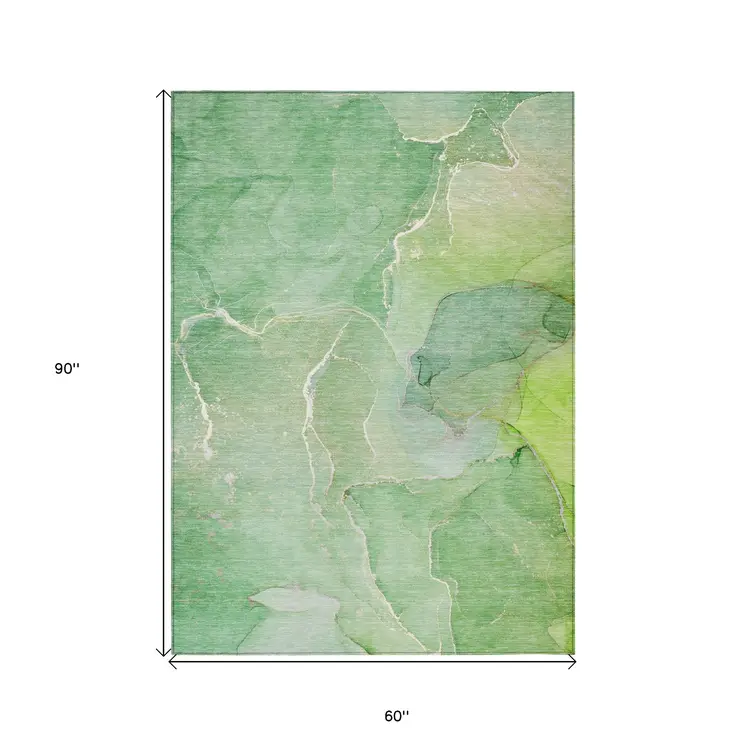 5' X 8' Green Abstract Washable Non Skid Indoor Outdoor Area Rug