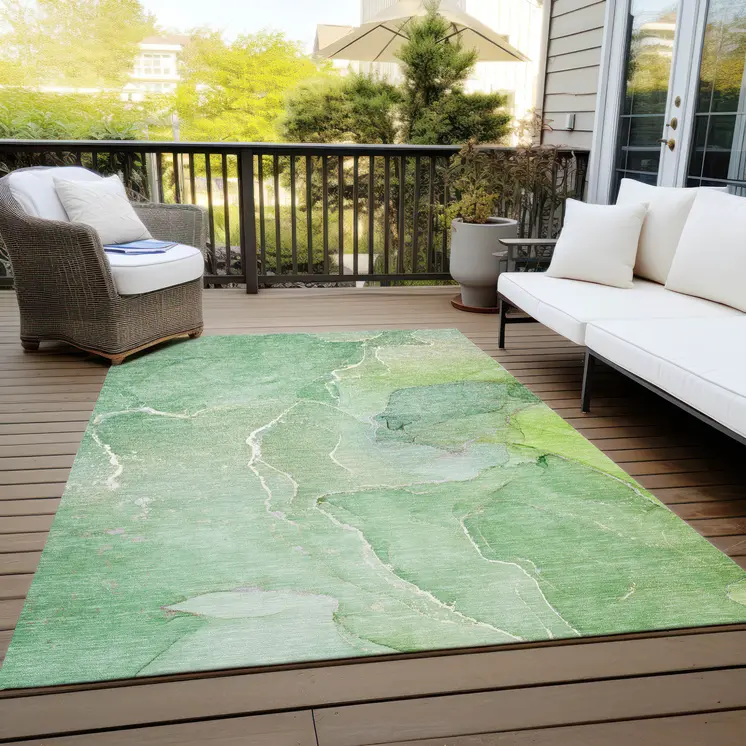 5' X 8' Green Abstract Washable Non Skid Indoor Outdoor Area Rug
