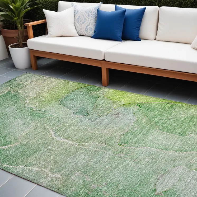 10' X 14' Green Abstract Washable Non Skid Indoor Outdoor Area Rug