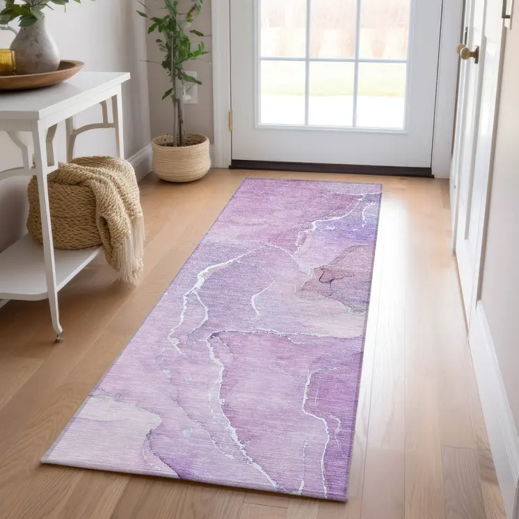 8' Runner Purple Abstract Washable Non Skid Indoor Outdoor Runner Rug