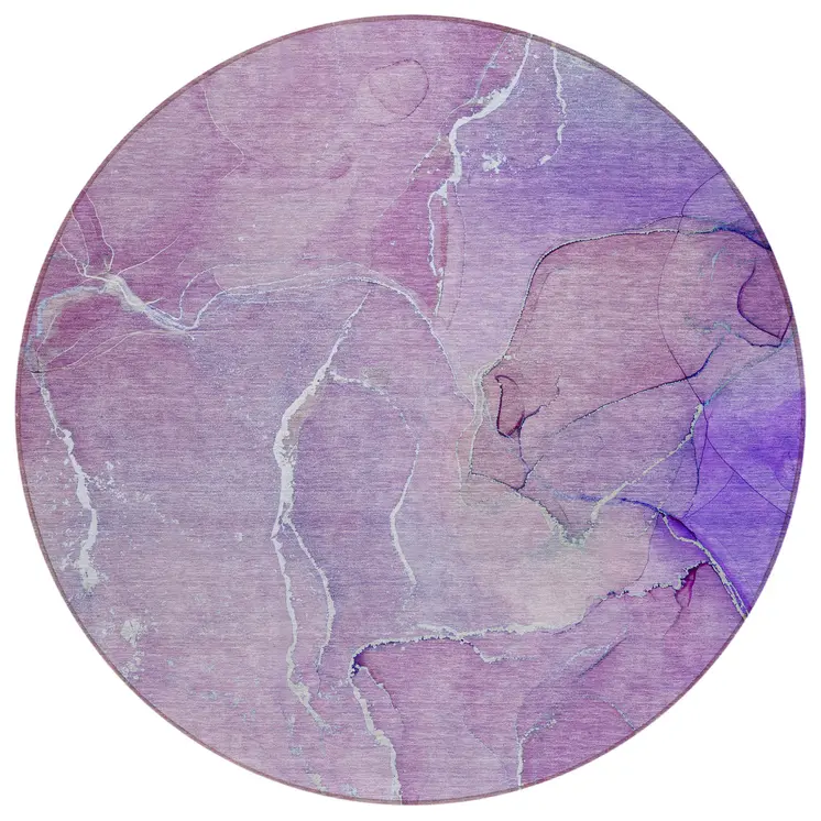 8' Round Purple Round Abstract Washable Non Skid Indoor Outdoor Area Rug