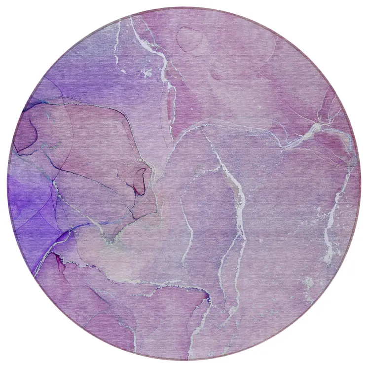 8' Round Purple Round Abstract Washable Non Skid Indoor Outdoor Area Rug