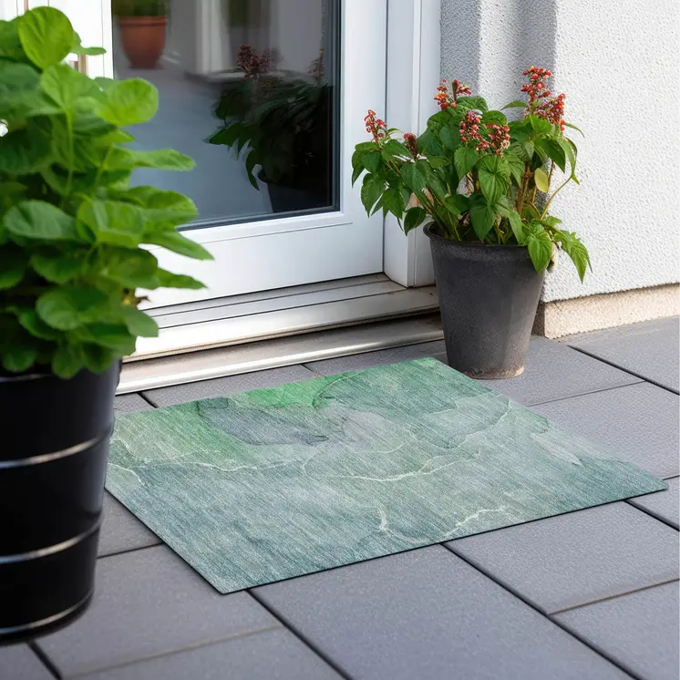 2' X 3' Teal Abstract Washable Non Skid Indoor Outdoor Area Rug