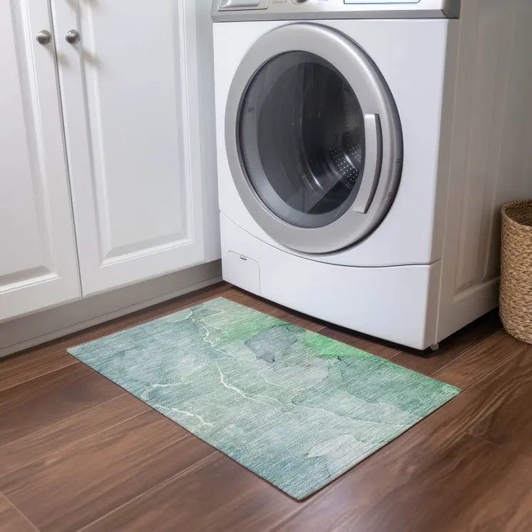 2' X 3' Teal Abstract Washable Non Skid Indoor Outdoor Area Rug