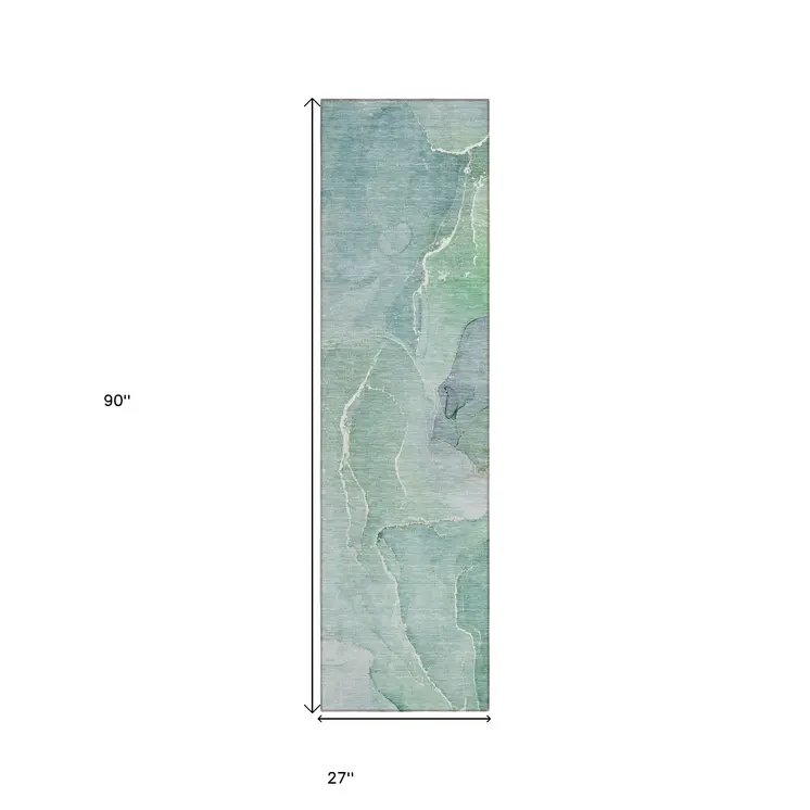 8' Runner Teal Abstract Washable Non Skid Indoor Outdoor Runner Rug