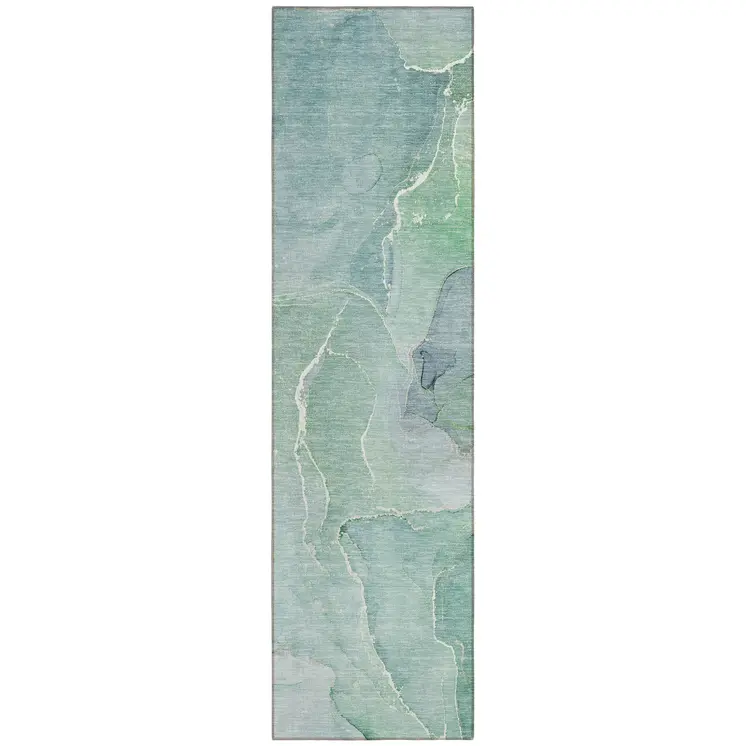 8' Runner Teal Abstract Washable Non Skid Indoor Outdoor Runner Rug