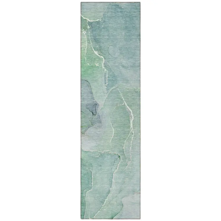 8' Runner Teal Abstract Washable Non Skid Indoor Outdoor Runner Rug