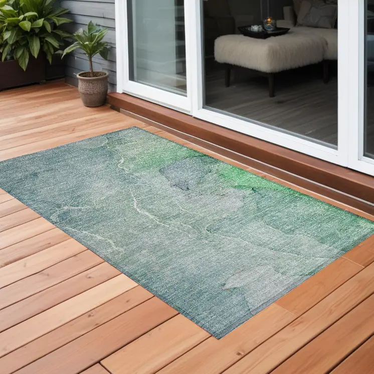 3' X 5' Teal Abstract Washable Non Skid Indoor Outdoor Area Rug