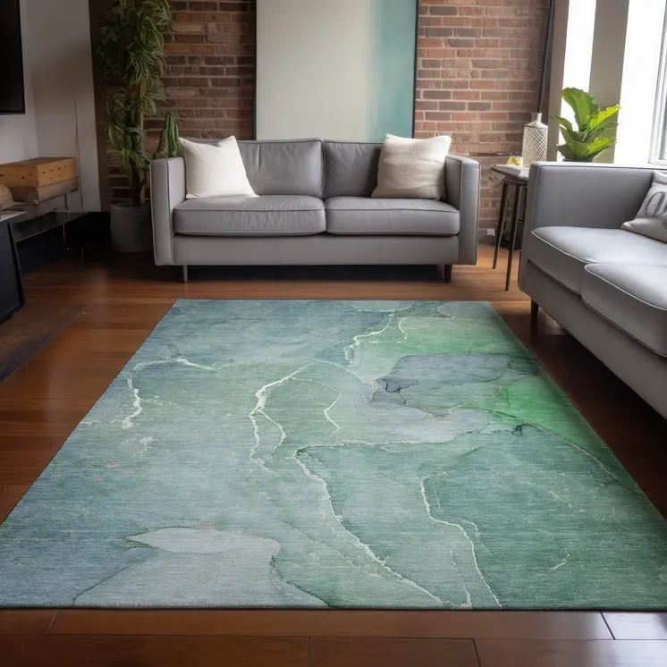3' X 5' Teal Abstract Washable Non Skid Indoor Outdoor Area Rug
