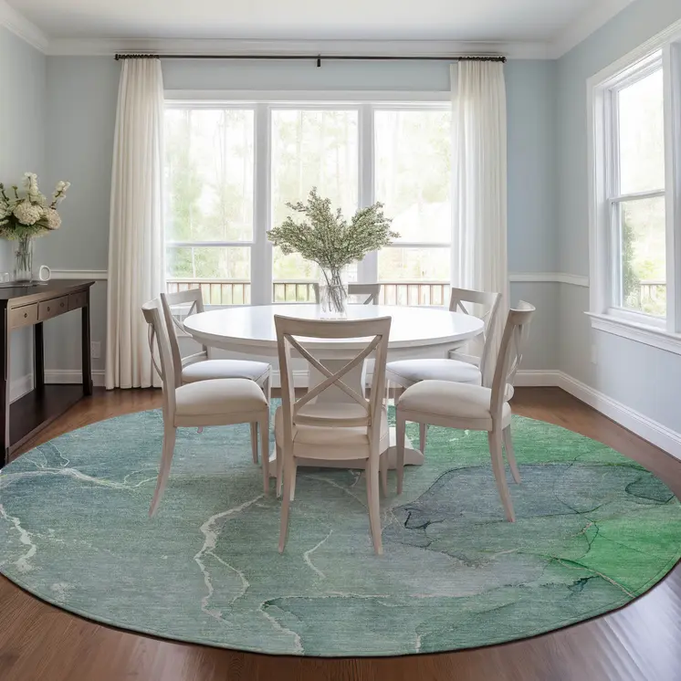 8' Round Teal Round Abstract Washable Non Skid Indoor Outdoor Area Rug