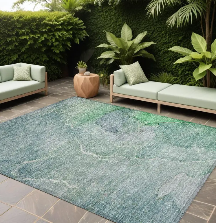 9' X 12' Teal Abstract Washable Non Skid Indoor Outdoor Area Rug