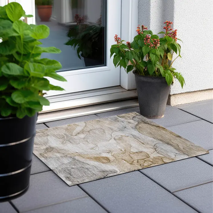 2' X 3' Beige Abstract Washable Non Skid Indoor Outdoor Area Rug