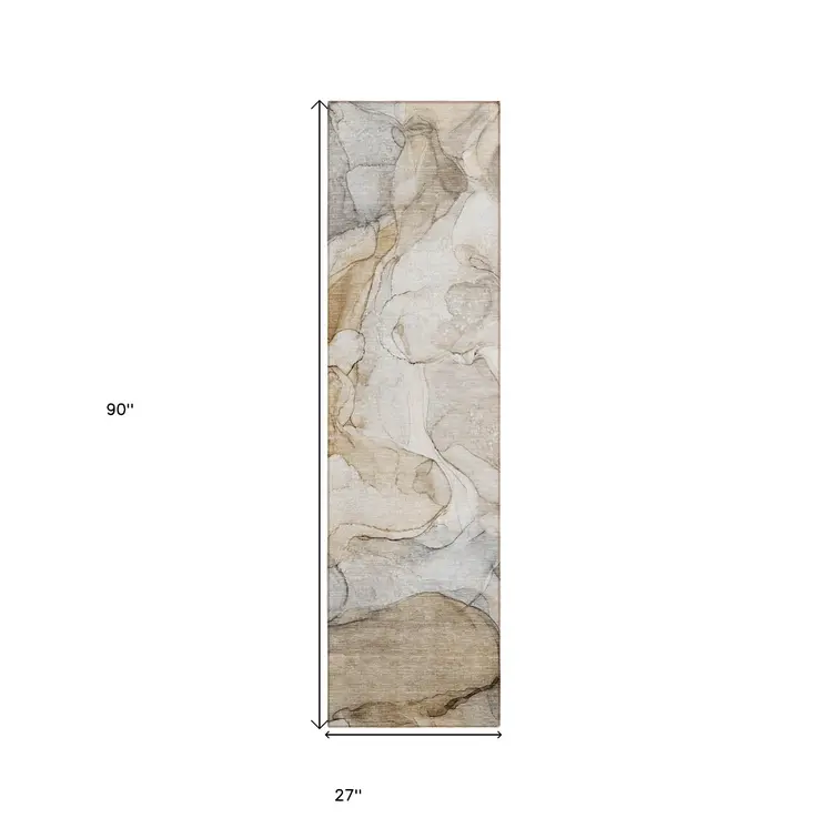 8' Runner Beige Abstract Washable Non Skid Indoor Outdoor Runner Rug
