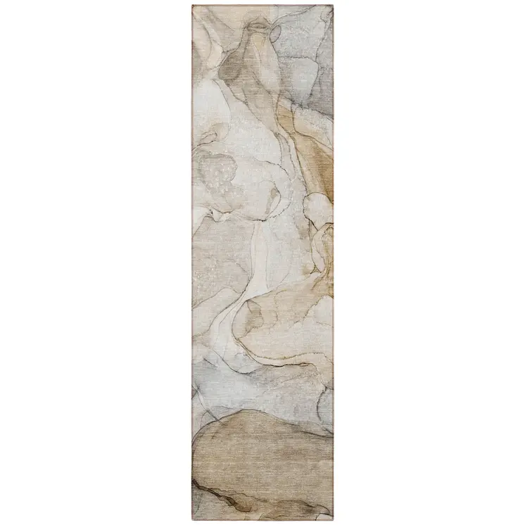 8' Runner Beige Abstract Washable Non Skid Indoor Outdoor Runner Rug