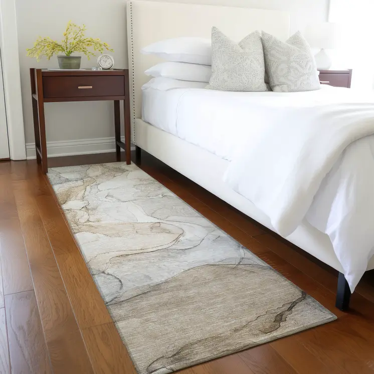 8' Runner Beige Abstract Washable Non Skid Indoor Outdoor Runner Rug