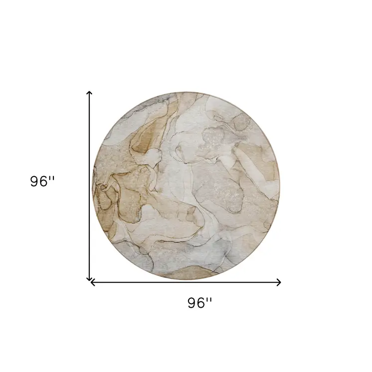 8' Round Beige Round Abstract Washable Non Skid Indoor Outdoor Area Rug