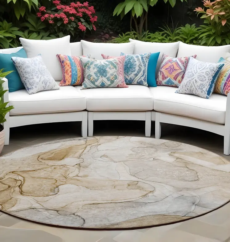 8' Round Beige Round Abstract Washable Non Skid Indoor Outdoor Area Rug