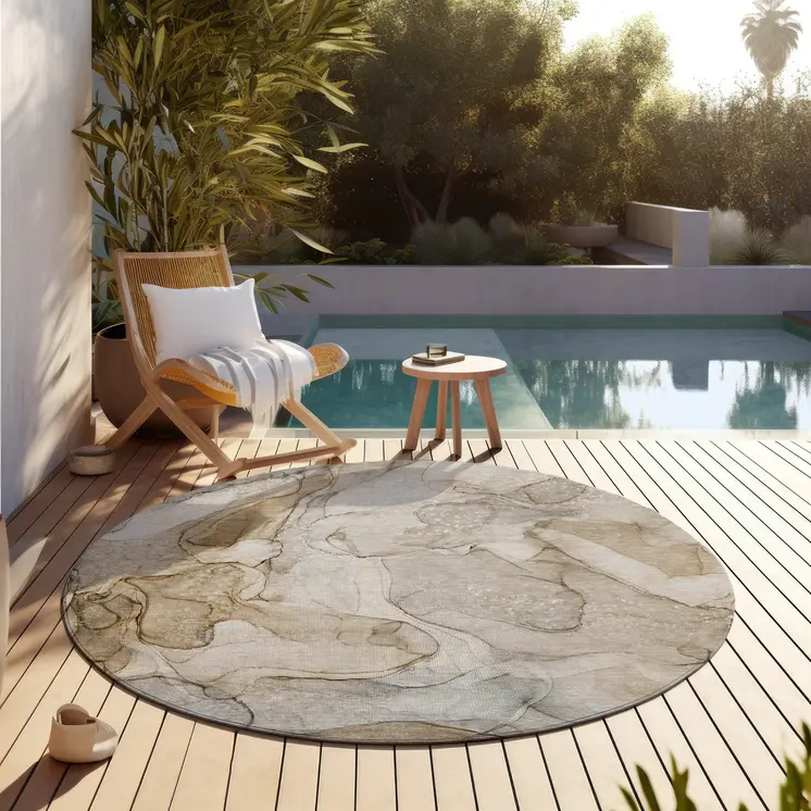 8' Round Beige Round Abstract Washable Non Skid Indoor Outdoor Area Rug