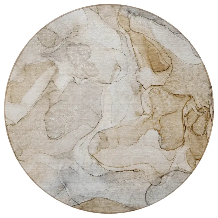 8' Round Beige Round Abstract Washable Non Skid Indoor Outdoor Area Rug