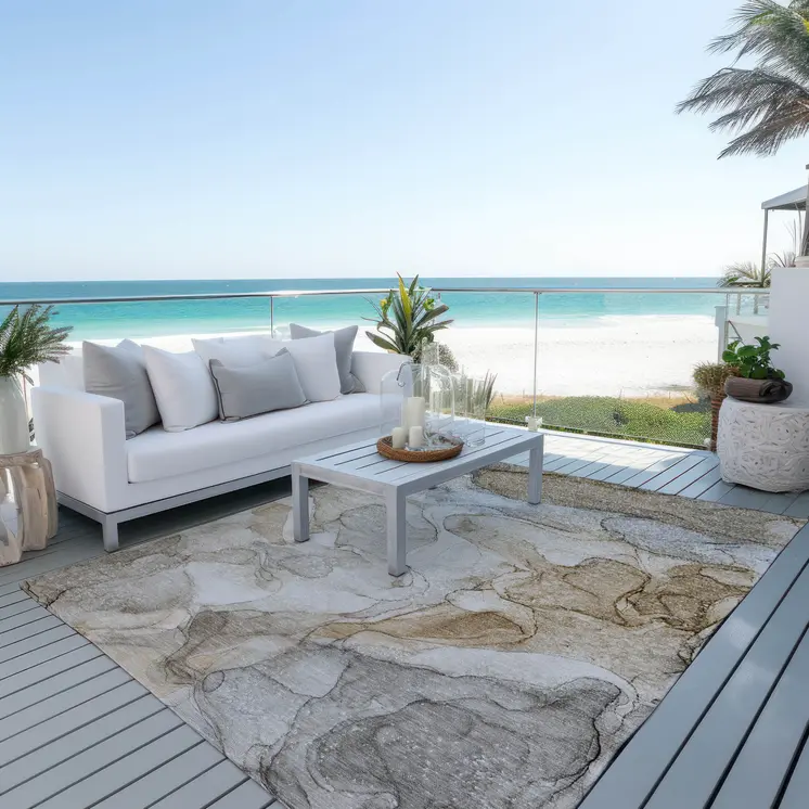 9' X 12' Beige Abstract Washable Non Skid Indoor Outdoor Area Rug