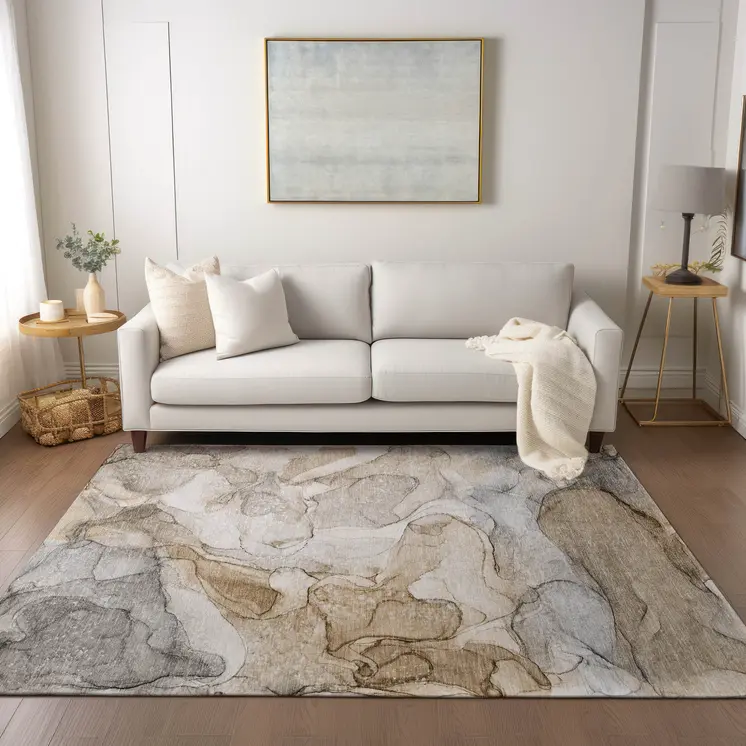 10' X 14' Beige Abstract Washable Non Skid Indoor Outdoor Area Rug