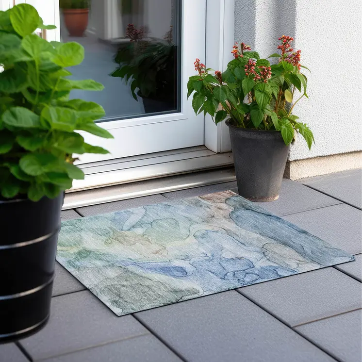 2' X 3' Blue Abstract Washable Non Skid Indoor Outdoor Area Rug