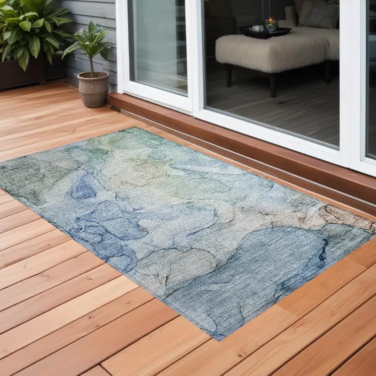 2' X 3' Blue Abstract Washable Non Skid Indoor Outdoor Area Rug