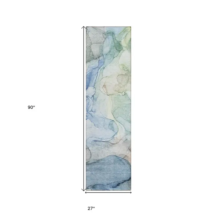 8' Runner Blue Abstract Washable Non Skid Indoor Outdoor Runner Rug