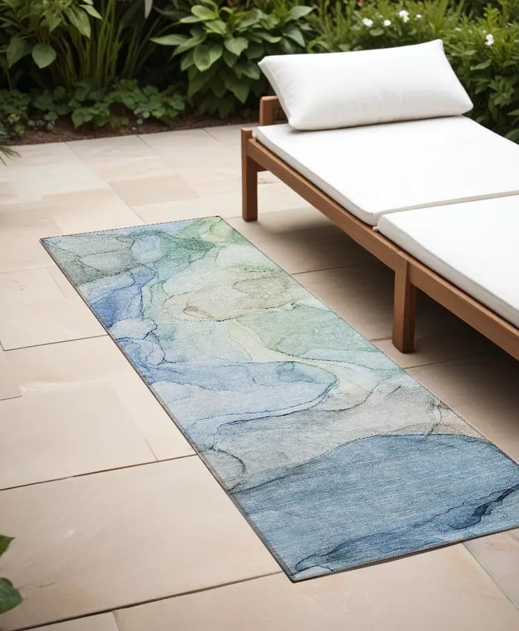 8' Runner Blue Abstract Washable Non Skid Indoor Outdoor Runner Rug