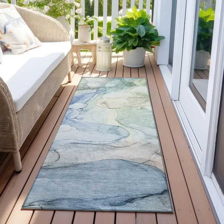 8' Runner Blue Abstract Washable Non Skid Indoor Outdoor Runner Rug