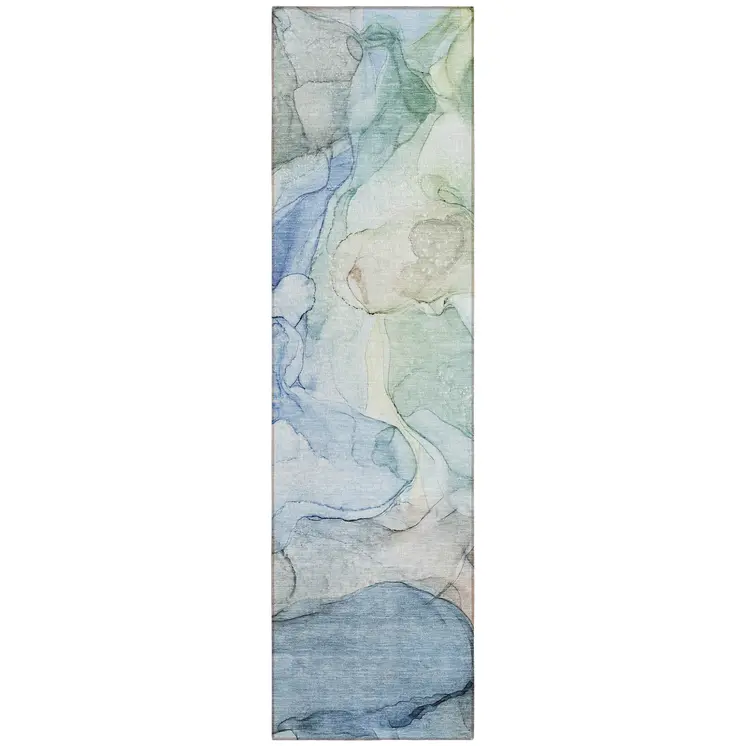 8' Runner Blue Abstract Washable Non Skid Indoor Outdoor Runner Rug