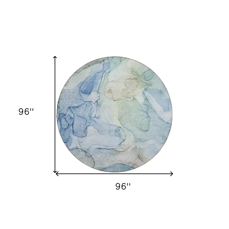 8' Round Blue Round Abstract Washable Non Skid Indoor Outdoor Area Rug