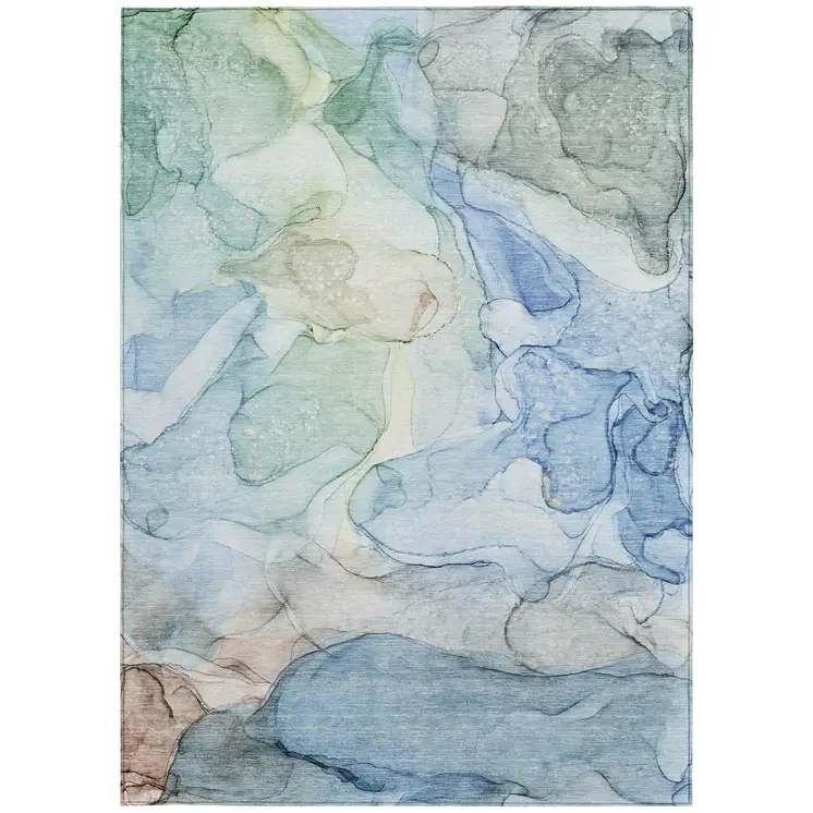 9' X 12' Blue Abstract Washable Non Skid Indoor Outdoor Area Rug