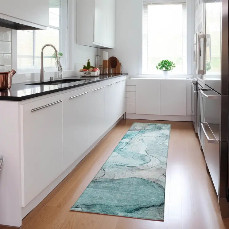 8' Runner Gray and Ivory Abstract Washable Non Skid Indoor Outdoor Runner Rug