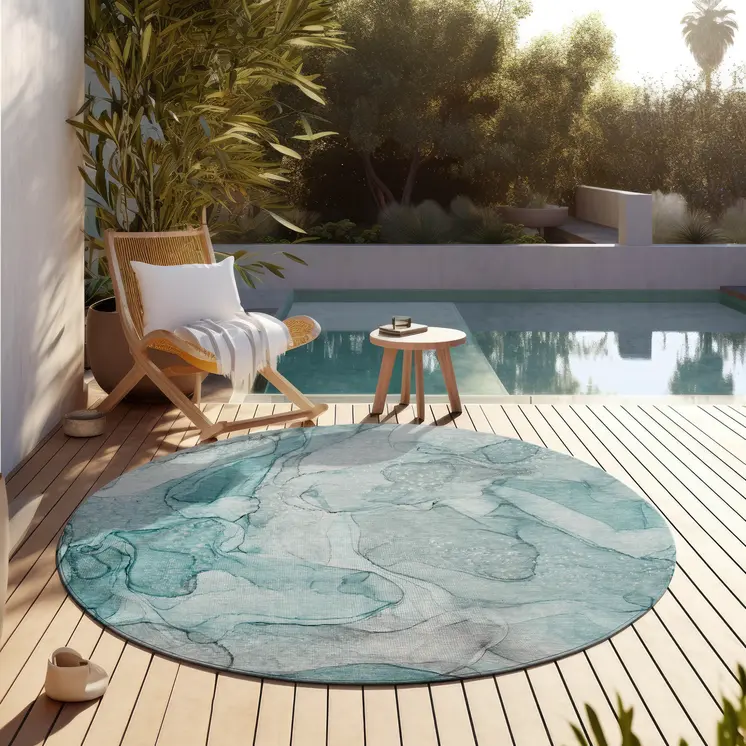 8' Round Gray and Ivory Round Abstract Washable Non Skid Indoor Outdoor Area Rug