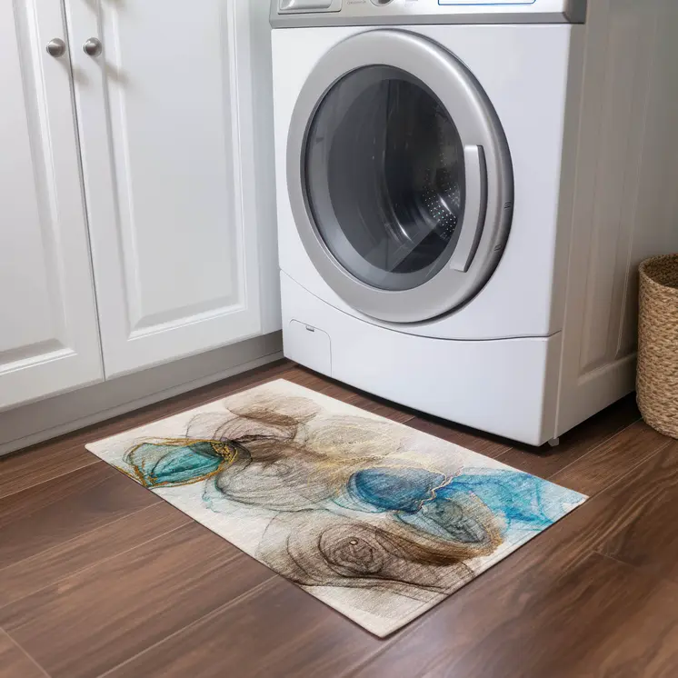 2' X 3' Beige Abstract Washable Non Skid Indoor Outdoor Area Rug