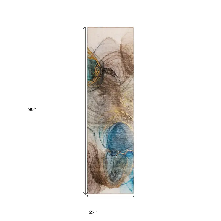 8' Runner Beige Abstract Washable Non Skid Indoor Outdoor Runner Rug
