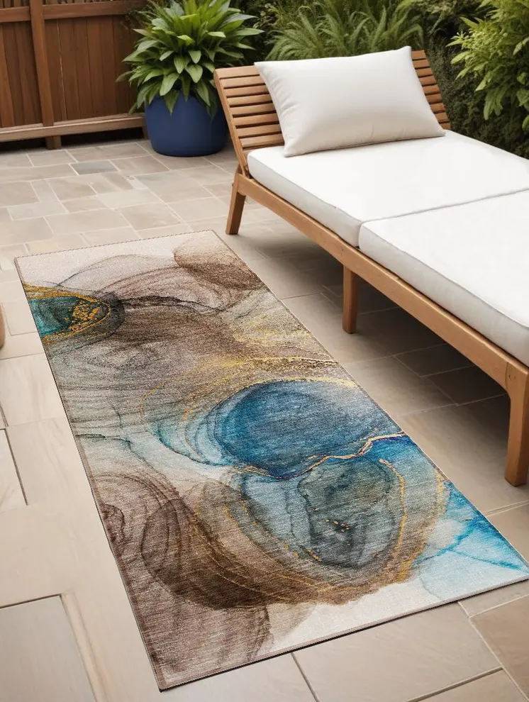 8' Runner Beige Abstract Washable Non Skid Indoor Outdoor Runner Rug