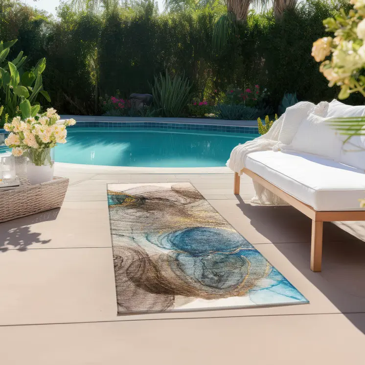 8' Runner Beige Abstract Washable Non Skid Indoor Outdoor Runner Rug