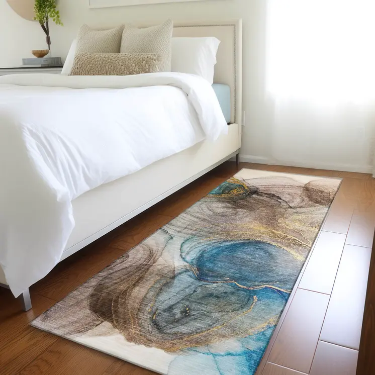 8' Runner Beige Abstract Washable Non Skid Indoor Outdoor Runner Rug