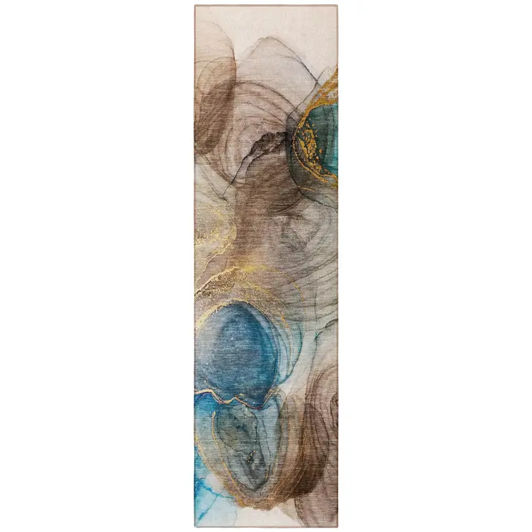 8' Runner Beige Abstract Washable Non Skid Indoor Outdoor Runner Rug