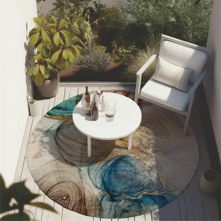 8' Round Beige Round Abstract Washable Non Skid Indoor Outdoor Area Rug