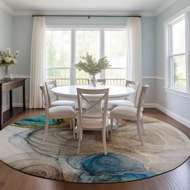 8' Round Beige Round Abstract Washable Non Skid Indoor Outdoor Area Rug