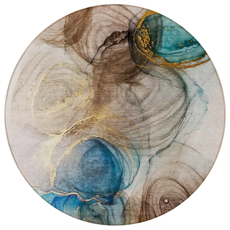 8' Round Beige Round Abstract Washable Non Skid Indoor Outdoor Area Rug