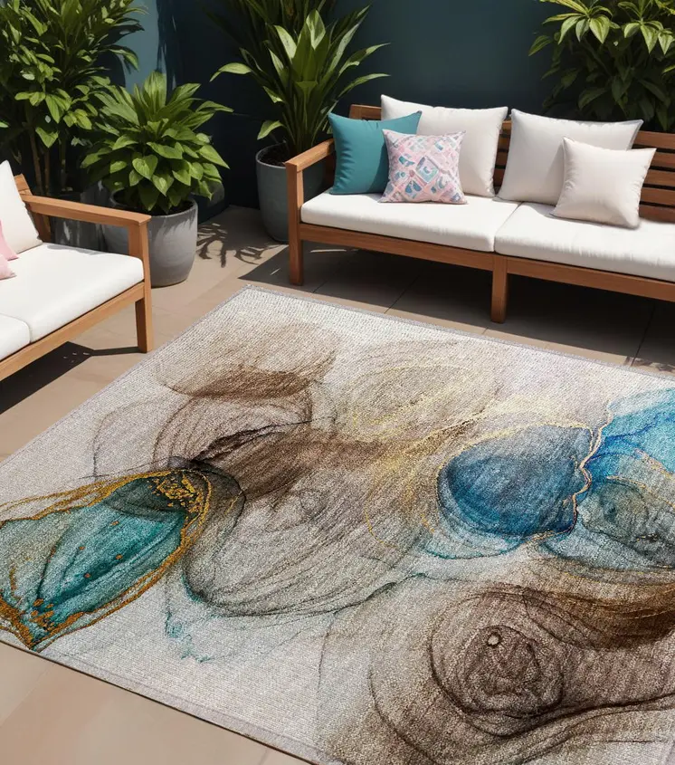 8' X 10' Beige Abstract Washable Non Skid Indoor Outdoor Area Rug