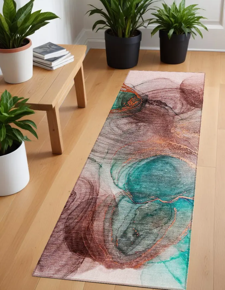8' Runner Burgundy Abstract Washable Non Skid Indoor Outdoor Runner Rug